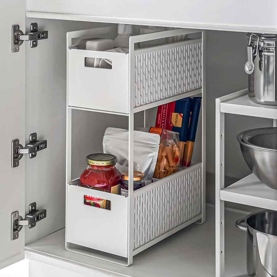 Yamazaki Weiss Schrank-Aufbewahrungskorb-Set Ausziehbar 32X46x16cm Metall Weiß. Modulares Schubladensystem Für Maximale Ordnung In Küche Und Badezimmer.