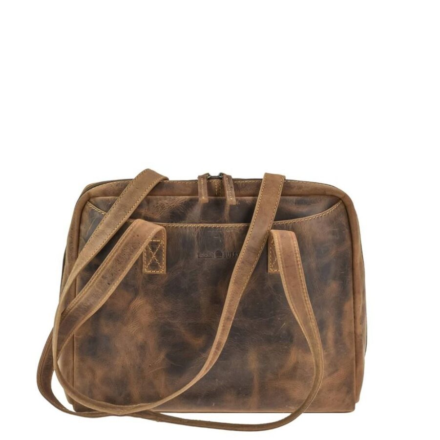 City-Shopper mit langen Trageschlaufen aus Leder in antikbraun | Greenburry. Geräumige Damen-Schultertasche Vintage für Besorgungen und Alltag.