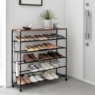 Yamazaki Schuhregal mobil auf Rollen Tower – Metall Holz schwarz. Setzen Sie moderne Akzente und genießen Sie Ordnung für ca. 20 Paar Schuhe