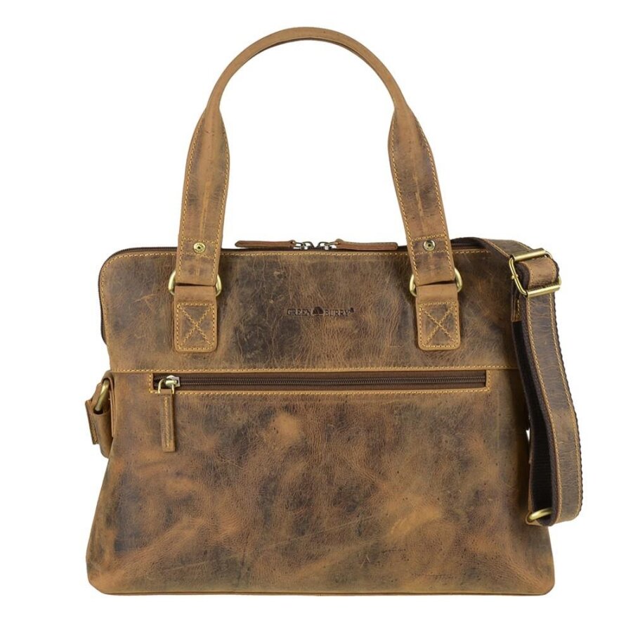 Shopper Leder Tabletfach 30x20cm antikbraun 37x28cm | Greenburry Vintage Damen Businesstasche für A4. Elegante Schultertasche mit Tragegriffen.