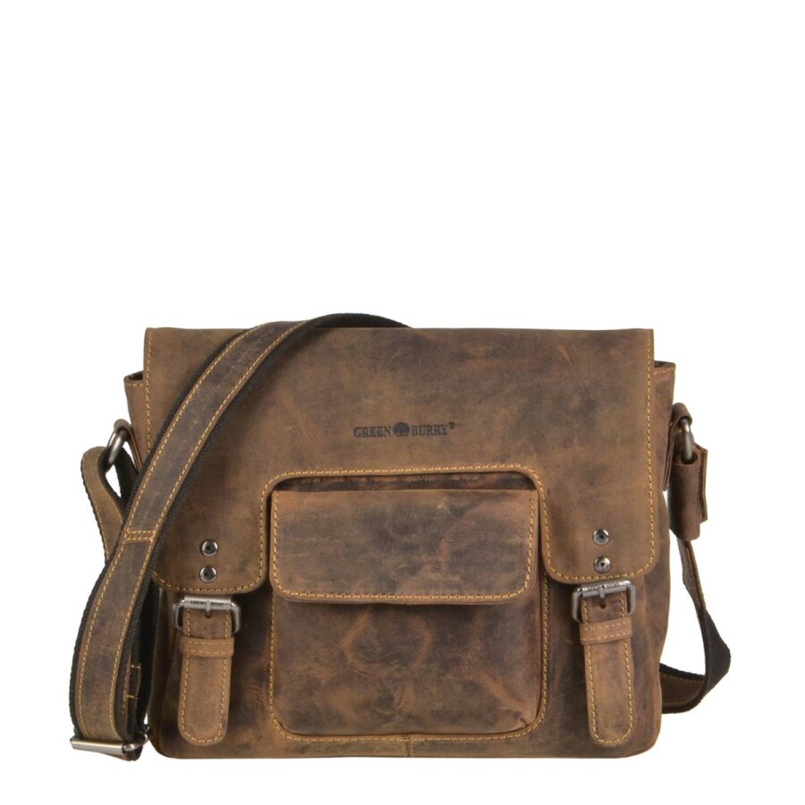 Umhängetasche A5 Tablet-Format Leder antikbraun 30x25cm | Greenburry Vintage Serie Organizer Tasche Damen Herren Umhängetasche Leder Schultertasche