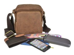 Greenburry Umhängetasche Vintage kompakt mit vier Reißverschlussfächern – Leder antikbraun