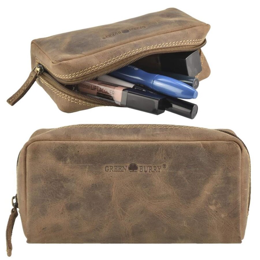 Kosmetiktasche als Schlampermäppchen aus Leder in antikbraun XL | Greenburry. Praktisches Stiftetui Vintage mit leichtgängigem Reißverschluss.