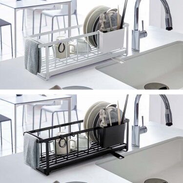 Abtropfgestell Geschirr schmal 57x16cm Metall Yamazaki Home. Platzsparender Abtropfständer mit Wasserablauf für moderne, schmale Küchenbereiche